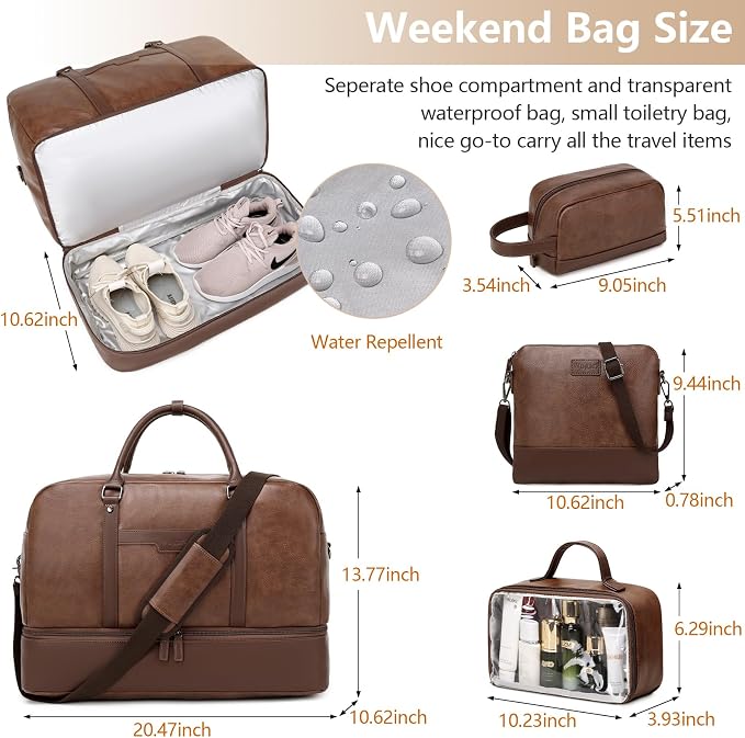 4-in-1 Waterproof Faux Leather Overnight Travel Bag for Women Men | Hospital Gym Weekender Bag Carry On Personal Item Travel Duffel Bags with Shoe Compartment Toiletry Bag Fit 21" Laptop - Image 6