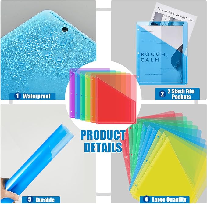 Seajan 24 Pcs Binder Pocket Folders, Clear 3 Ring Binder, Multicolor | Plastic Folders Sleeves with 2 Pockets, Poly Slash File Jackets, 3 Hole Punched Dividers for School, Office, Documents - Image 3