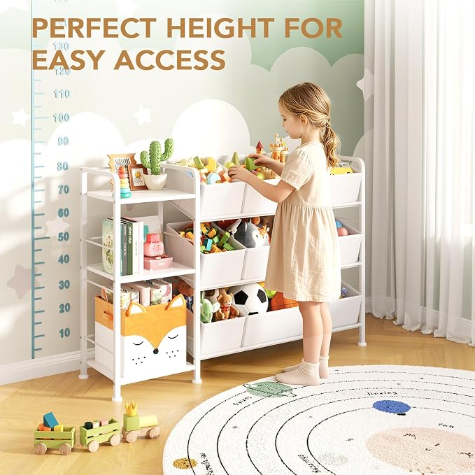 BBLIKE Kids Bookshelf and Toy Storage Organizer with 9 Removable Fabric Bins, Toddler Book Shelf & Stuffed Animal Storage Rack for Playroom, Bedroom, Nursery, White - Image 7