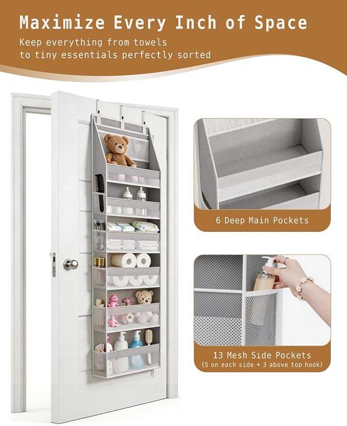 KMSCO Over The Door Organizer 6 Large +13 Mesh Side Pockets | 55lbs capacity, heavy duty non-woven fabric.Ideal for nursery, bathroom, pantry, closet. Grey, 2 Pack - Image 3