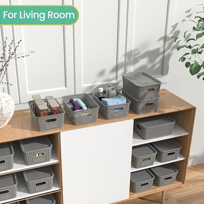 Ohmlove 8 Pack Plastic Storage Baskets with Lids for Organization | Stackable Storage bins, Storages Baskets for Organizing Shelves Drawers Desktop Closet Playroom Classroom Office, Gray - Image 4
