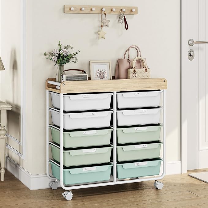 10 Drawer Rolling Storage Cart with Wood Top for Classroom Crafts Green | Easy Setup, Large Capacity, Sturdy Build, Lockable Mobility, For office, classroom and home supplies - Image 8