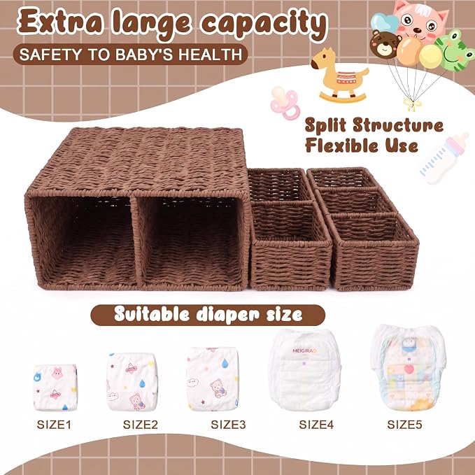 Large Wicker Diaper Caddy Organizer, Detachable Modular Changing Table Organizer for Nursery, Woven Diaper Storage Dispenser Basket for Nursery Diapering Baby Essentials Gift(Brown,Paper) - Image 3