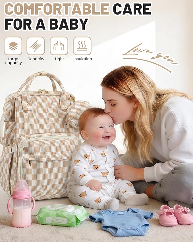 Corduroy Diaper Bag Backpack, Large Capacity Multifunction Baby Diaper Bags for Women, Insulated Bottle Pockets & Pacifier Case, Stylish Travel Nappy Changing Bags for Mom Dad (Checkered Brown) - Image 2