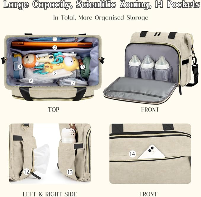 Diaper Bag Backpack Mommy Bag Large Capacity Diaper Backpack Travel Essential Baby Diaper Bag for Mom and Dad, Black (Beige) - Image 4