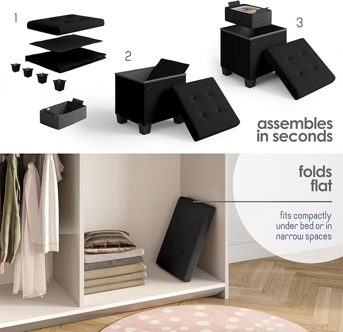 Storage Ottoman Cube with Small Bin, 15-in Square Ottoman with Storage for Living Room and Bedroom, Small Ottomans Foot Rest, Velvet Foot Stools Ottomans Max 330lbs, Black - Image 3