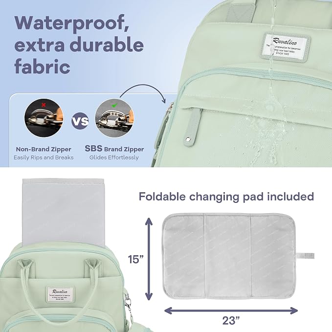 RUVALINO Baby Diaper Bag Backpack with Changing Pad, Baby Shower Gifts | Baby Essentials, Waterproof Travel Baby Bags for Mom Dad Girl Boy, Insulated Bottle Holders, Pacifier Case, Large Capacity - Image 6