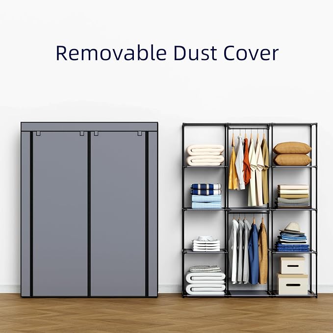 Portable Closet, Wardrobe Closet with 10 Storage Shelves and 2 Hanging Rods, Non-Woven Fabric Cover, 52.4 x 18.1 x 66.6 Inches Closet Organizer for Bedroom, Gray - Image 5