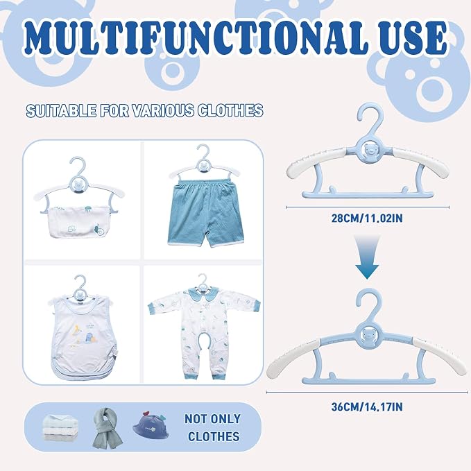 Baby Clothes Hangers 20 Pack, Plastic Kids Hangers Space Saving for Closet | Blue Hanger for Toddler Girl and Boy - Lightweight Anti-Slip Cascading Padded Extendable Adjustable Pant Bear Children Hangar - Image 2