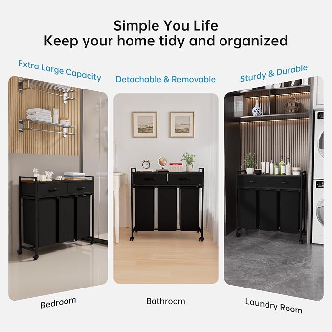 Laundry Sorter with 3 Section Pull Out Bags Rolling Laundry Basket Organizer with 2 Drawers Laundry Hamper with Shelves and Wheels for Laundry Room, Bathroom, Bedroom Organization (1 Tier) - Image 7