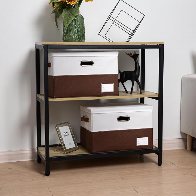 Foldable Storage Bins with Lids [3-Pack] Fabric Collapsible Storage Boxes Baskets Cubes Containers with Handles for Closet Living Room Bedroom (Brown & White 17.7x11.8x11.8'') - Image 3