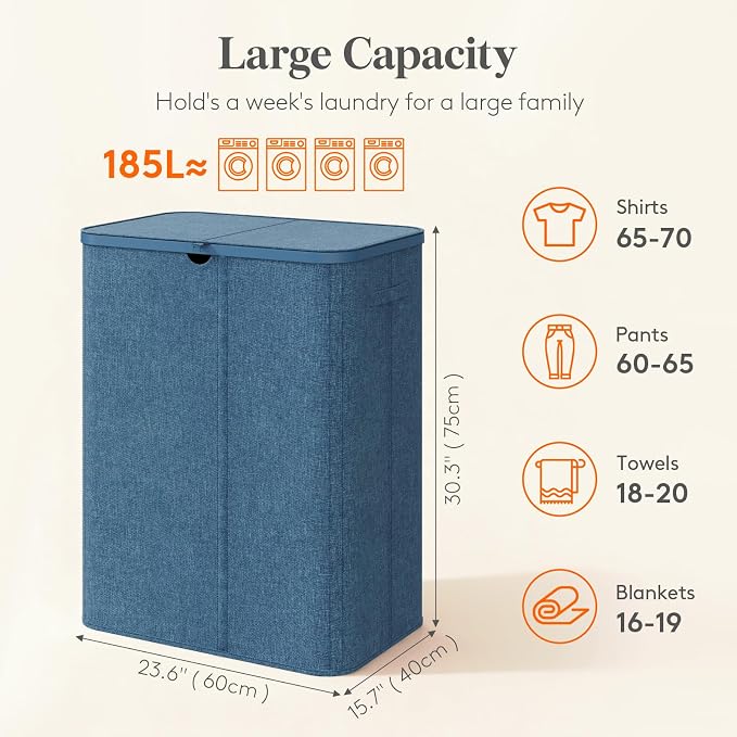 Lifewit 185L 3 Section Laundry Hamper with Lid, Laundry Basket, Dark Blue | Large Foldable Laundry Sorter with 3 Removable Bags, Tall Clothes Hamper for Bedroom and Bathroom - Image 2