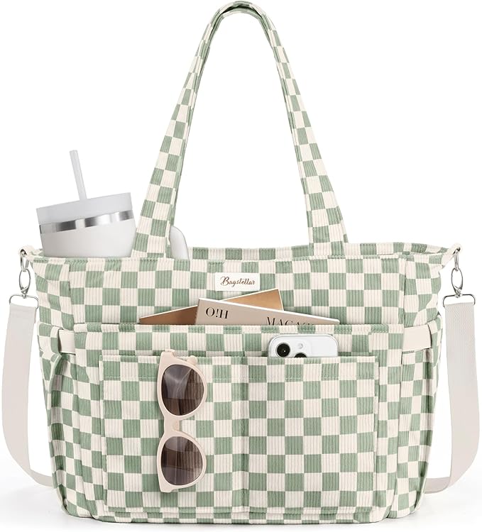 Bagstellar Corduroy Tote Bag for Women, 17 Pockets Laptop Work Tote Purse | Large 15.6” Computer Bag w/ 40oz Cup Holder & Strap, Zipper Teacher Nurse Bible Shoulder Bag for School Travel College Office by Bagstellar