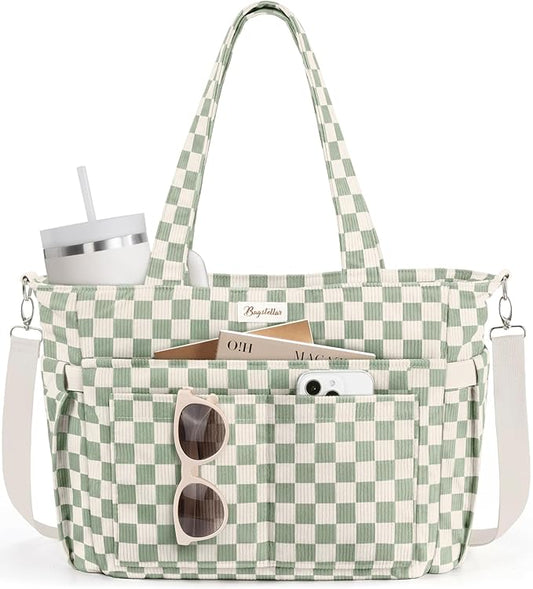 Bagstellar Corduroy Tote Bag for Women, 17 Pockets Laptop Work Tote Purse | Large 15.6” Computer Bag w/ 40oz Cup Holder & Strap, Zipper Teacher Nurse Bible Shoulder Bag for School Travel College Office by Bagstellar
