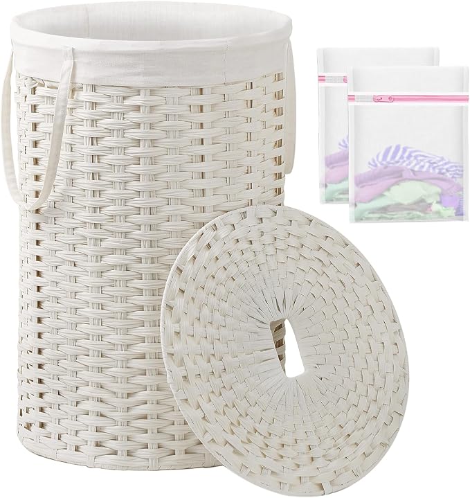 SETVSON Large Laundry Hamper Laundry Basket Round 34.3 Gal PE, White | Decorative PE Rattan Furniture Look for Bedroom, Jumbo Open-Top Laundry Hamper, Removable Bag, 2 Mesh Bags, Handles by SETVSON