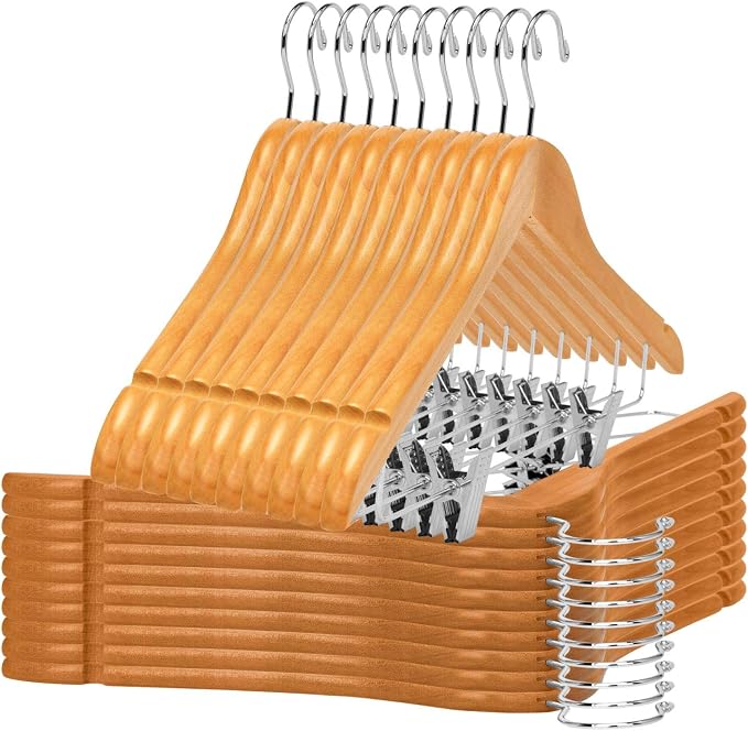 Quality Wooden Skirt Hangers with Clips, 20-Pack Semi Curved, Smooth Solid Wood Pants Hangers with Durable Adjustable Metal Clips, Swivel Hook, Coat, Jacket, Blouse Suit Hangers (Natural, 20) by QualityHangers