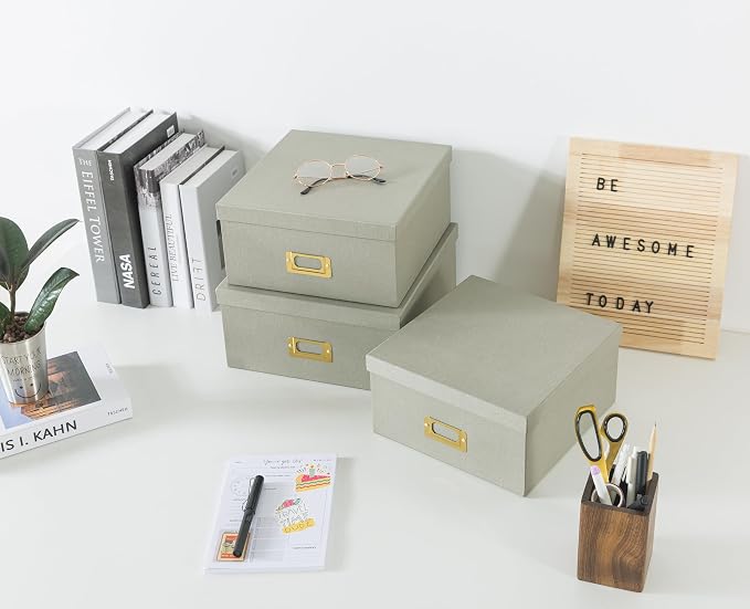 Soul & Lane - Gray Decorative Photo Storage Boxes with Lids, Set of 3 | Square Stacking Kraft Storage with Gold Label Holders, Nesting Cardboard Memory Boxes for Cards, Desk and Home Decor - Image 7