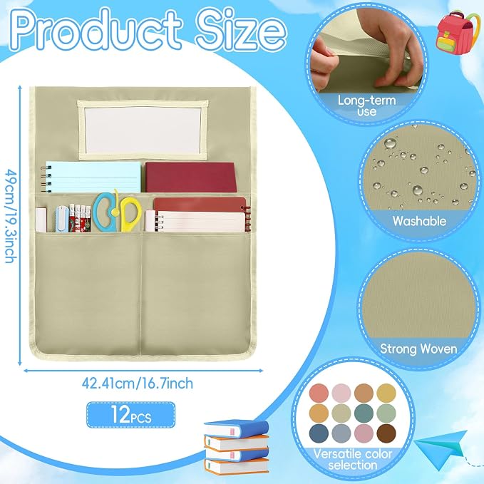 12 Pcs Chair Pockets for Classroom 16.7 x 19.3 inch Seat Sacks with Name Tag for Classroom Chairback Pocket Chart 3 Pockets Chairs Seat Back Organizer for Elementary School Daycare Home Supplies(Boho) - Image 2