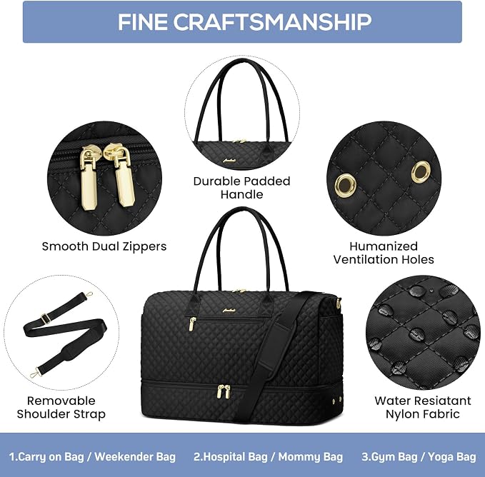 Travel Weekender Bags for Women - Duffle Bag Women with Shoe Compartment Carry On Overnight Bag with Toiletry Bag Duffel Bags with Wet Pocket for Gym Hospital Bags Black for College - Image 5