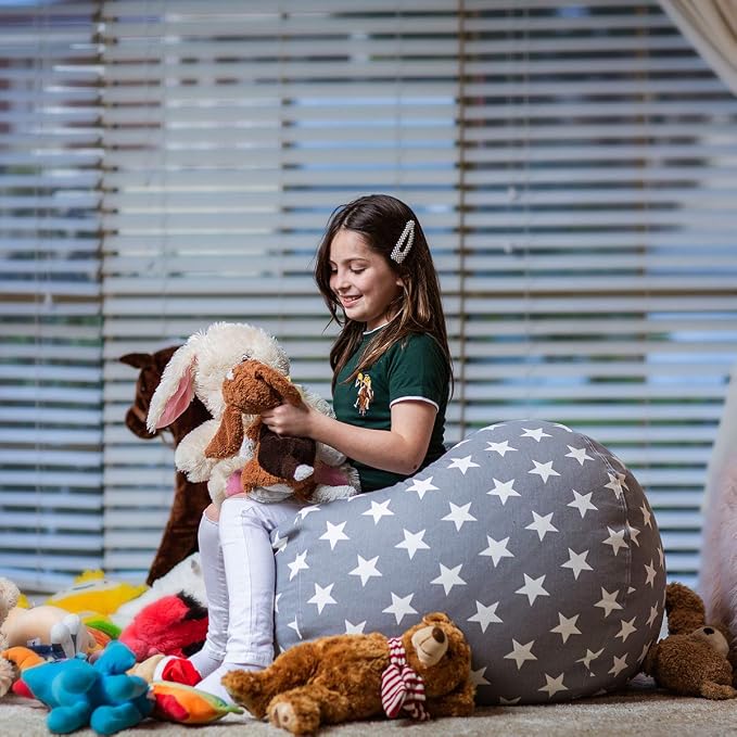 WEKAPO Stuffed Animal Storage Bean Bag Chair Cover for Kids | Stuffable Zipper Beanbag for Organizing Children Plush Toys Large Premium Cotton Canvas (Grey Star, X-Large) - Image 6