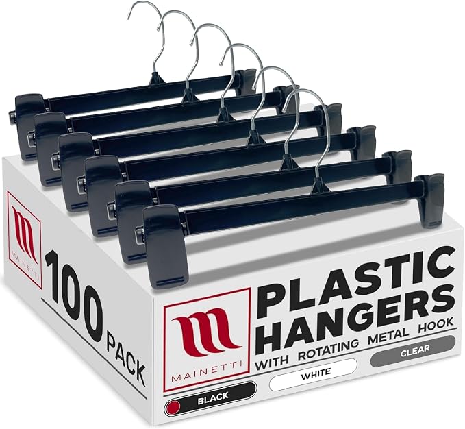 12in Black Plastic Pants Hangers with Non-Slip Clips (100 Pack) | Space-Saving Black Plastic Hangers, Non-Slip Clips & 360 Swivel Metal Hook, Closet Hangers for Pants, Skirts, Slacks & Shorts by Mainetti