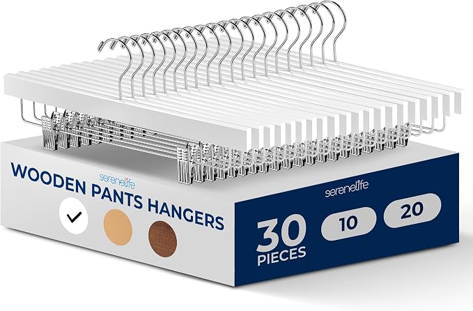 SereneLife 30 Pack Skirt and Pant Hanger with Adjustable Non-Slip Steel Clips, Premium Wooden, 360° Swivel Hook & 10 lb Capacity – Space-Saving Heavy-Duty Hangers for Jeans, Shorts & Slacks (White) by SereneLife