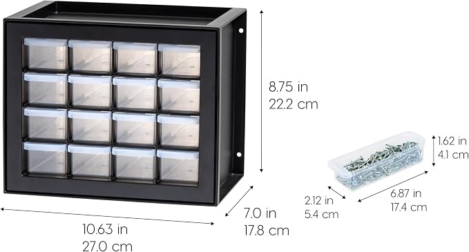 IRIS USA 16-Drawer Small Drawer Organizer, Garage Desk Storage, Black | Wall mountable, Stackable Teacher Toolbox, Beads, Building Bricks, Water Packets, Screws, Hardware - Image 3