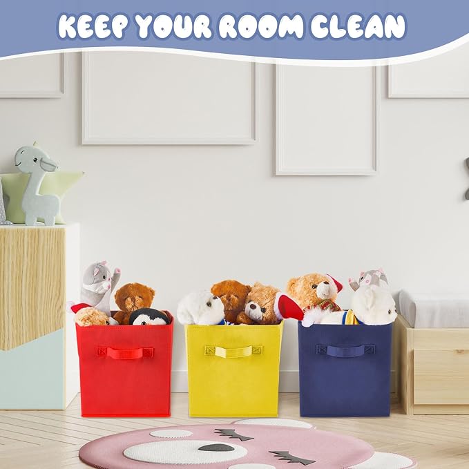 Yinder 12 Pcs Cube Storage Bin 10.5''x10.5''x11'' Storage Bins for Playroom Decor Colorful Bins for Kids Foldable Baskets for Nursery Organizer Boxes Fabric Boxes(Navy Blue, Red, Yellow) - Image 6
