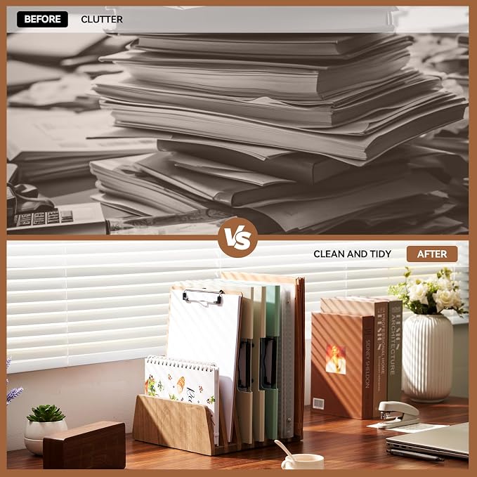 KIRIGEN Wooden File Organizer, 7-Slot Upright Holder for Desk, Brown 7K-DBR | Seven Upright Slots Sort Mail, File Folders, Papers, Bills, Envelopes, and Notebooks; 9.92 x 10.35 x 7.08 In, No Assembly - Image 3