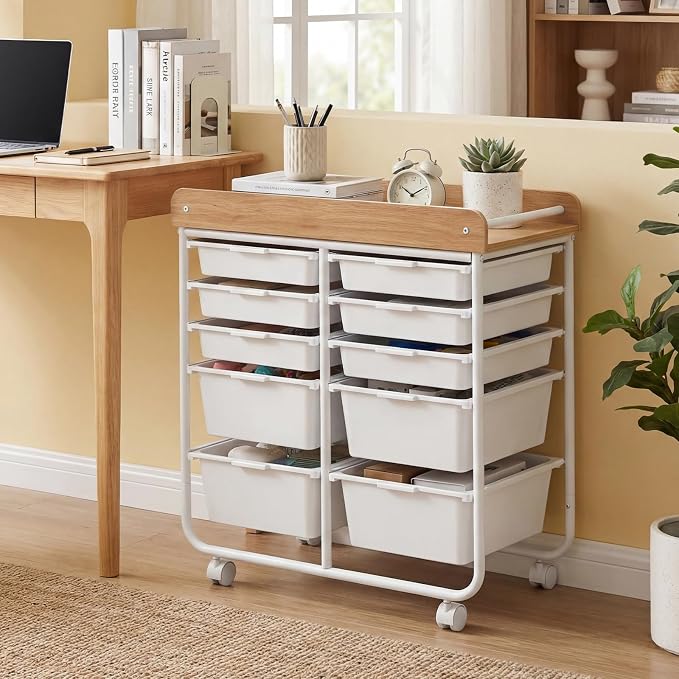 Rolling Storage Cart with 10 Drawers, Plastic Large Capacity Craft Organizer on Wheels with Wooden Top, Mobile Art Supply Utility Cart for Classroom, Home, Office - Image 8