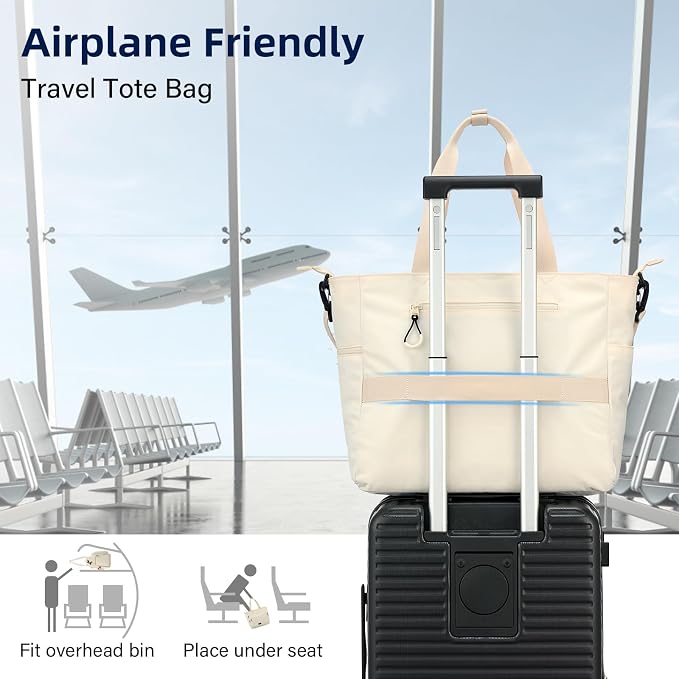HanTrip Large Laptop Tote Bag with Luggage Sleeve for Travel Work, Offwhite | 16.5 Inch Laptop Sleeve, 31L Zippered Tote Bags, Water Resistant, Water Bottle Pocket, Detachable Adjustable Shoulder Strap - Image 6