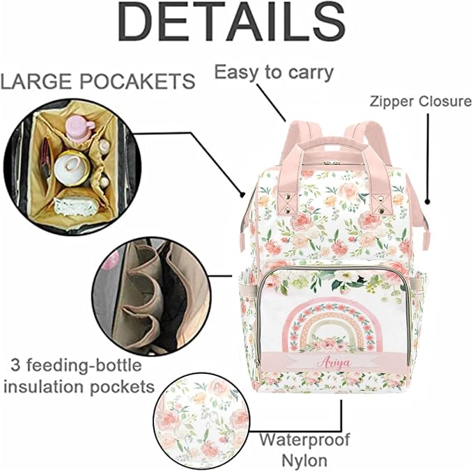 Custom Diaper Bag with Name Personalized Floral Rainbow Nylon Travel Backpack for Holiday Travel Customized Nappy Changing Bag with Pockets for New Mom - Image 5