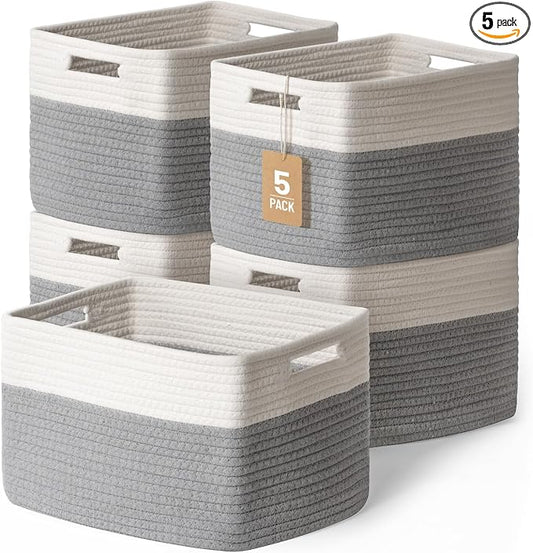 5 Pack Woven Storage Baskets, Decorative Storage Bins for Organizing | 13.8'' × 9.8'' × 7.9'', Cotton Rope Basket Organizer for Closet, Shelves, bathroom, Nursery, Toys, Books, Pantry, Gray/White by YILOBI