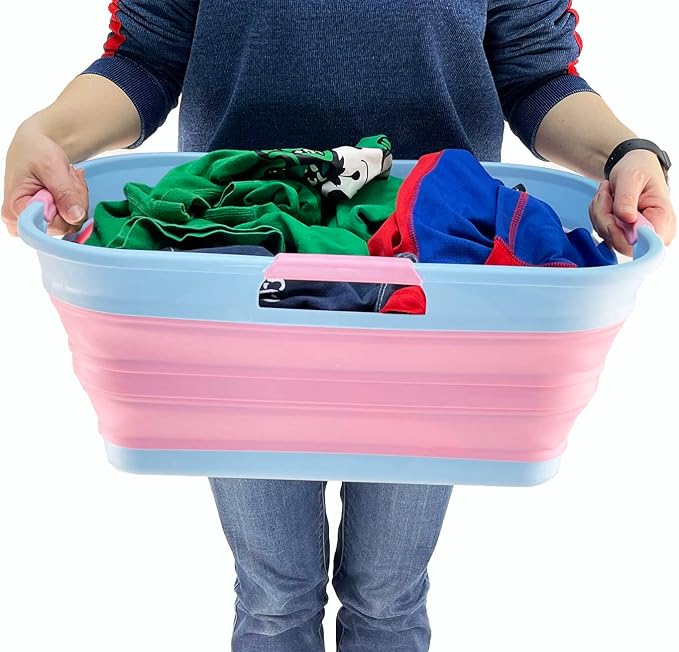 SAMMART 21L (5.5 Galloons) Collapsible Plastic Storge Basket - Foldable Pop Up Storage Container/Organizer - Portable Washing Tub - Space Saving Hamper/Basket (Cool Blue/Maglia Rosa (Set of 2)) - Image 6