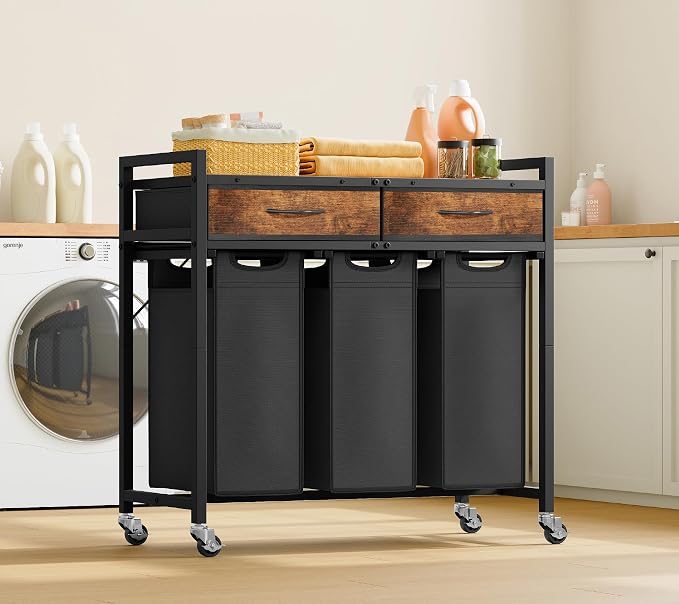 Laundry Sorter 3 Section, 120 L Laundry Hamper with 2 Drawers & 2-tone Top Panel, Rolling Laundry Basket Organizer with Pull-Out Removable Oxford Fabric Bags for Laundry Room Organization - Image 3