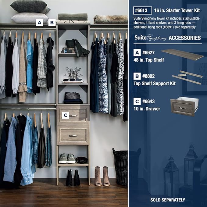 ClosetMaid SuiteSymphony Wood Closet System Starter Kit with Tower and 3 Hang Rods, Adjustable and Customizable, For Walk-In and Reach-In Closets, Fits Spaces 4 – 9 ft. Wide, Graphite Grey - Image 5