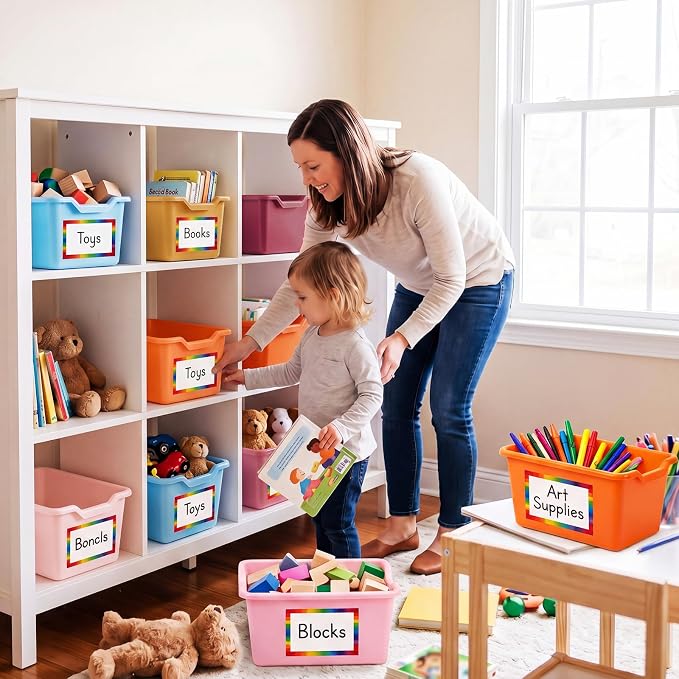 Funrous 48 Pack Plastic Cubby Bins for Classroom, Stackable Storage Bins with Rainbow Labels and Handles Cubby Organizer Containers for Teacher Supplies Home Office Daycare and Playroom (Orange) - Image 7