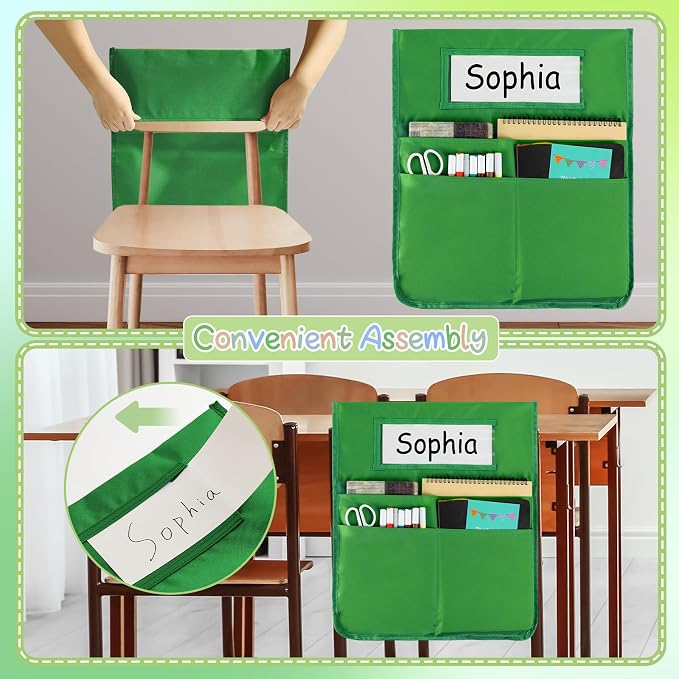 gisgfim 12 Pcs Chair Pockets for Classroom 16.7 x 19.3 Inch s with Name Tag Chairback 3 Pockets Chairs Seat Back Organizer for Elementary School Daycare Home Supply (Greenery) - Image 5