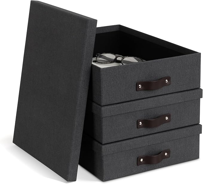 Bigso Oskar Canvas Fiberboard Document Letter Box for Important Paperwork A4 or Letter Size - Durable Keepsake Box with Lid and Leather Handle - 3.3in x 10.2in x 13.8in - Black - 3 Pack - Image 3