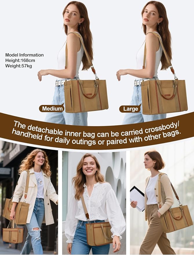BESBESME Women’s Canvas Tote Bag with Zipper and Compartments – Multi-Pocket Laptop Work Crossbody Shoulder Tote Purse - Image 5