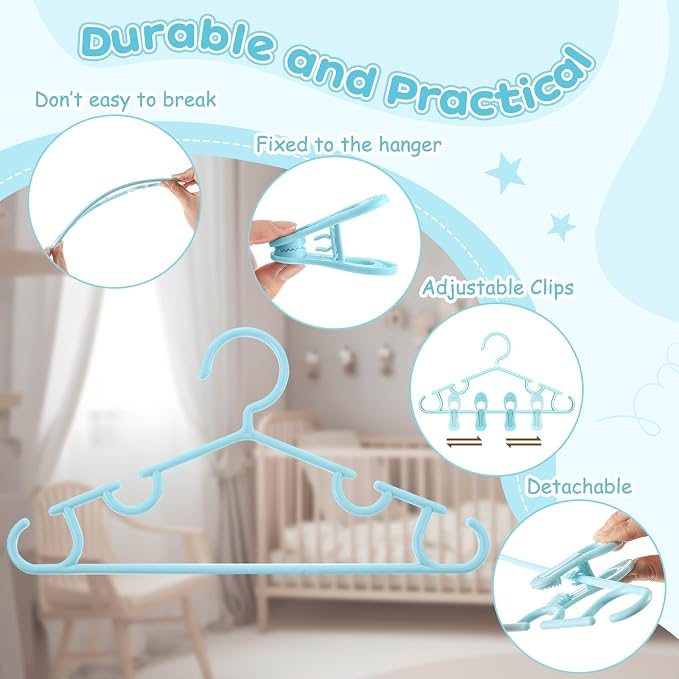 Hsei Baby Hanger with Clip for Pant,120 Packs Total,Sky Blue,10.6 Inch | 40 Kids Plastic Hanger with 80 Clips for Newborn, Nursery, Daycare, Preschool, Closet, Wardrobe Organizer for Baby Shower - Image 3