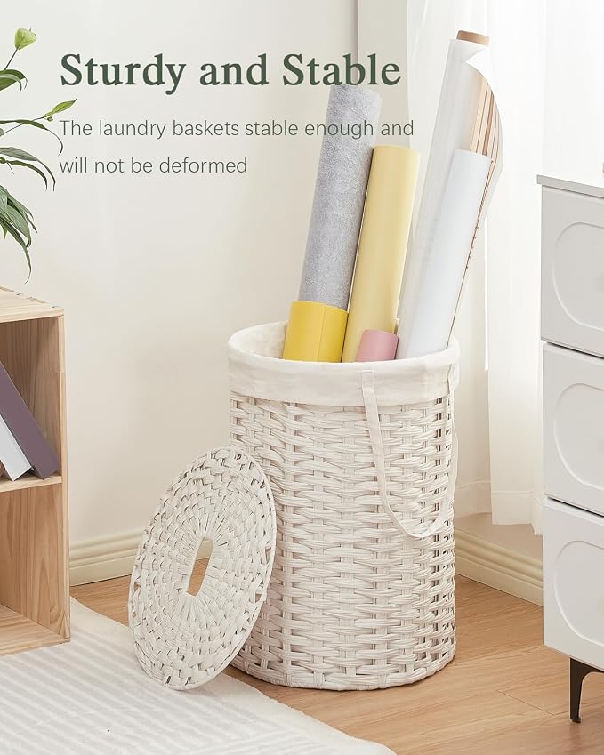 SETVSON Laundry Hamper with Lid Laundry Basket with Lid 72L, White | 19 Gal Round PE Rattan Hamper with Lid, Removable Washable Liner Bag, 2 Mesh Wash Bags, Steel Frame, Handles - Image 6