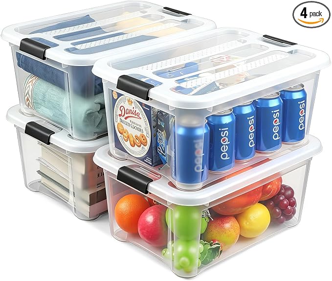 EOENVIVS 15L Clear Storage Bins with Lids, 4 Pack Stackable Plastic Storage Containers with Lids, Latching Storage Boxes and Organizer Bins for Closet, Toys, Crafts and Office by EasyCozyHomey