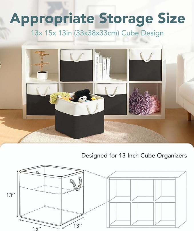 13x15x13 Inch Large Storage Bins with Cotton Rope Handles 6-Pack | Foldable, Top support of metal frame, Bottom with Cardboard Support, Fabric Cube Storage Bins for Closet, White Black - Image 2
