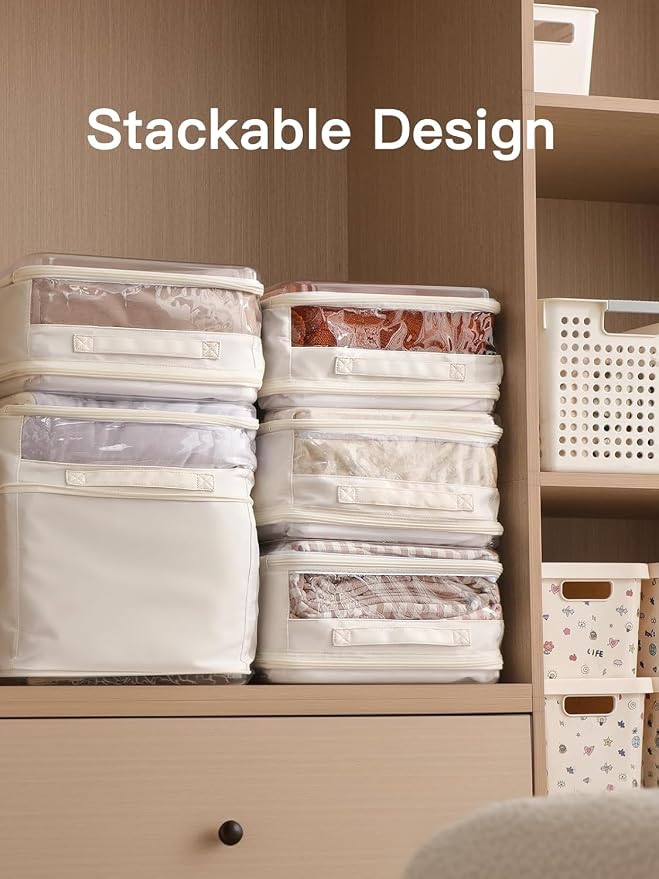 CoiiJoii 3 Pack Sheet Organizers And Storage, Double Side Clear Hard Shell Window. Expandable Blanket Storage Bags, Large Stackable Closet Storage Bins. - Image 4