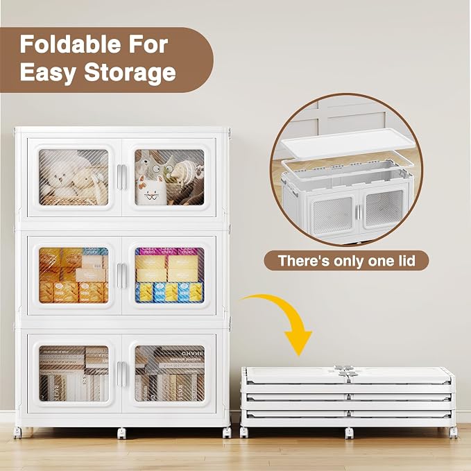 BROVIEW 300 Qt/75 Gal Stackable Storage Bins with Lids, 1 Pack, White | Large Stackable Storage Boxes w/ 1 Lid Folding Plastic Cart Organizer for Home Kitchen, Open Front Clear Door with Wheels - Image 6