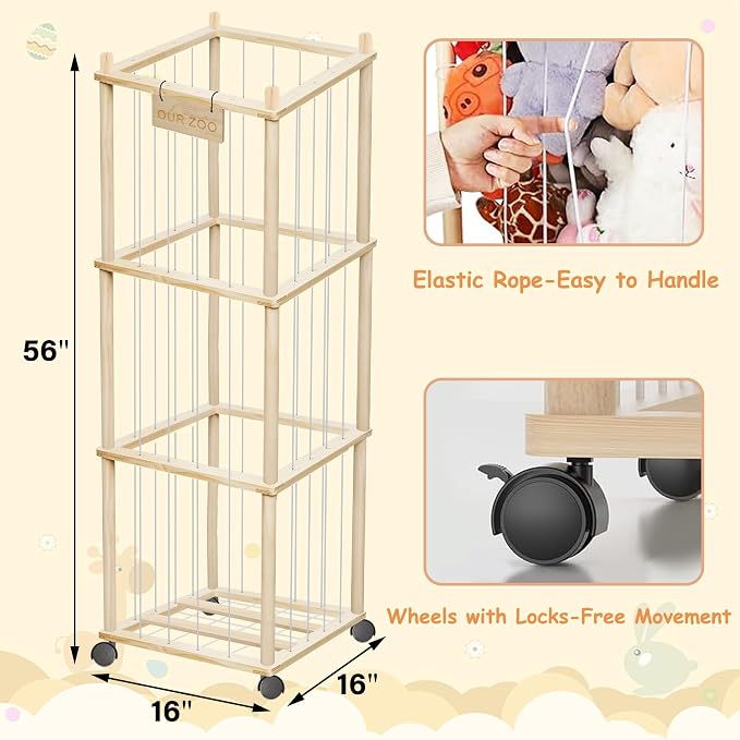 yofit 56" Stuffed Animal Storage Organizer with Wheels, Plush Storage Wooden ZOO with Removable Dust-Proof Cover for Playroom Bedroom Living Room Kids Room - Image 3