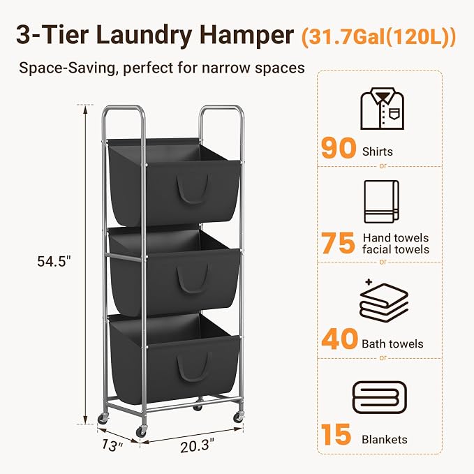 ELYKEN 3-Tier Vertical Rolling Laundry Hamper with Wheels & Removable Bags | 120L Capacity, Space-Saving Design, Locking Casters, 3 Section Laundry Sorter for Apartments, Small Spaces, Closet, Dorm - Image 3