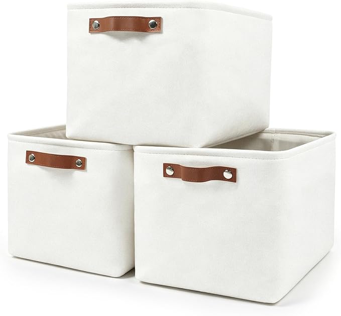Storage Bins Large Fabric Storage Baskets for Shelves 3 Pack, Decorative Linen Closet Baskets with Handles for Organizing, Shelf, Clothes, Home, Office, 15x11x9.5Inches (White) by Bagnizer
