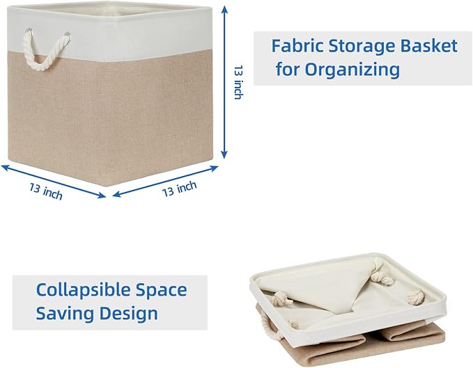 Temary Cube Storage Baskets 4 Pack 13x13 Fabric Cube Storage Bins for Clothes, Large Baskets Boxes with Handles, Canvas Basket for Organizing Towels, Collapsible Storage Bins (White&&Khaki) - Image 6